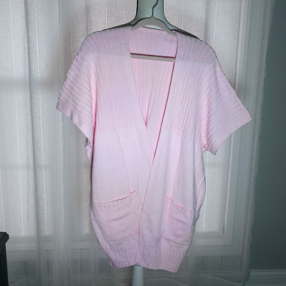 BOUTIQUE BRAND (No Tags) Short Sleeve Cardigan Light Pink Ribbed Tunic Vest XL